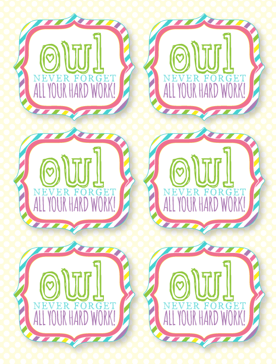 FREE Printable Teacher Appreciation Gifts:: 'Owl Never Forget All Your Hard Work'