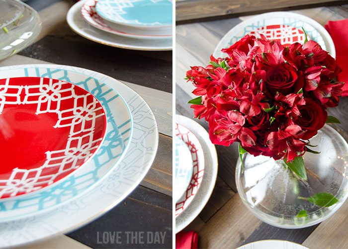 Non Traditional Valentines Tablescape: Mixing Patterns, Colors and Texture