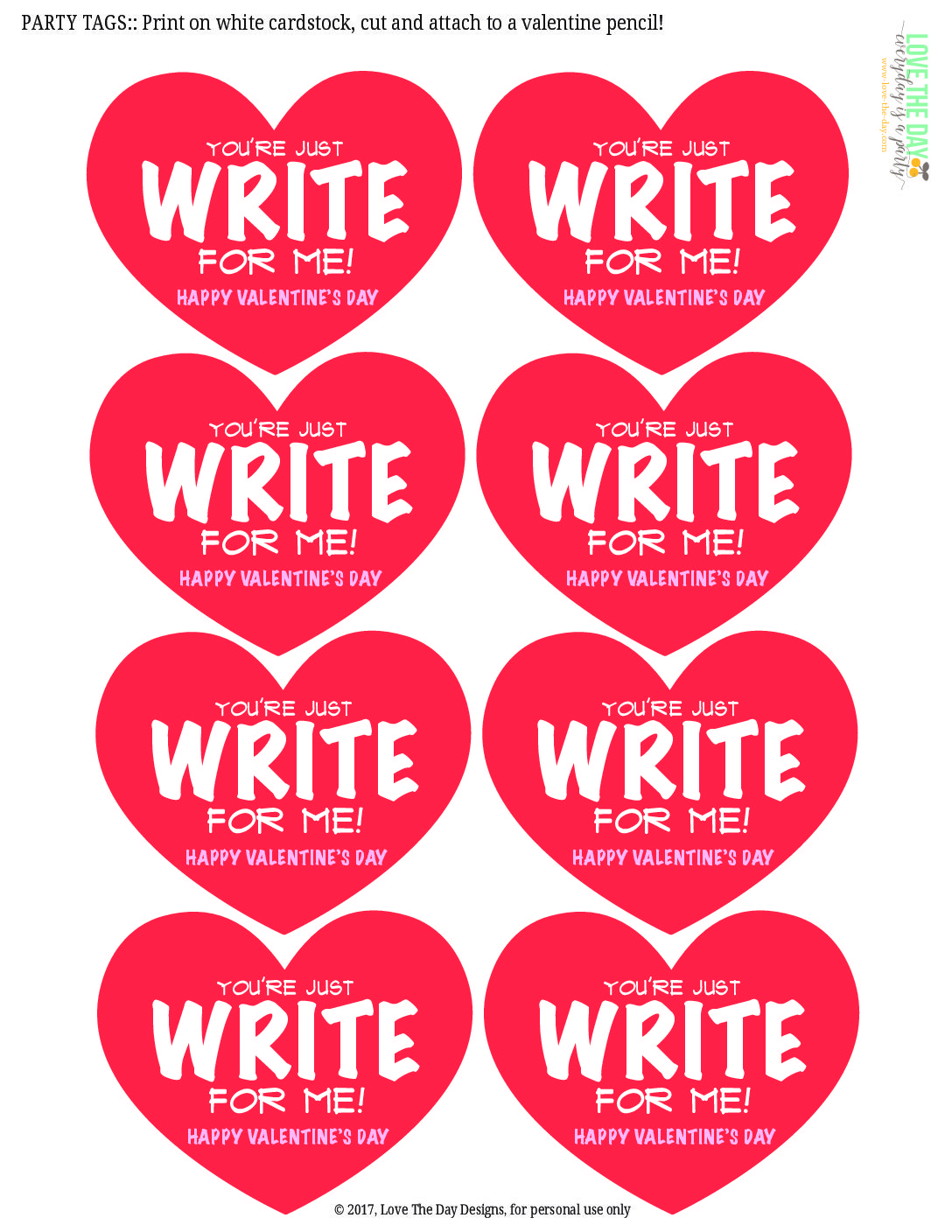 ?YOU?RE JUST WRITE FOR ME? PENCIL VALENTINE TAG