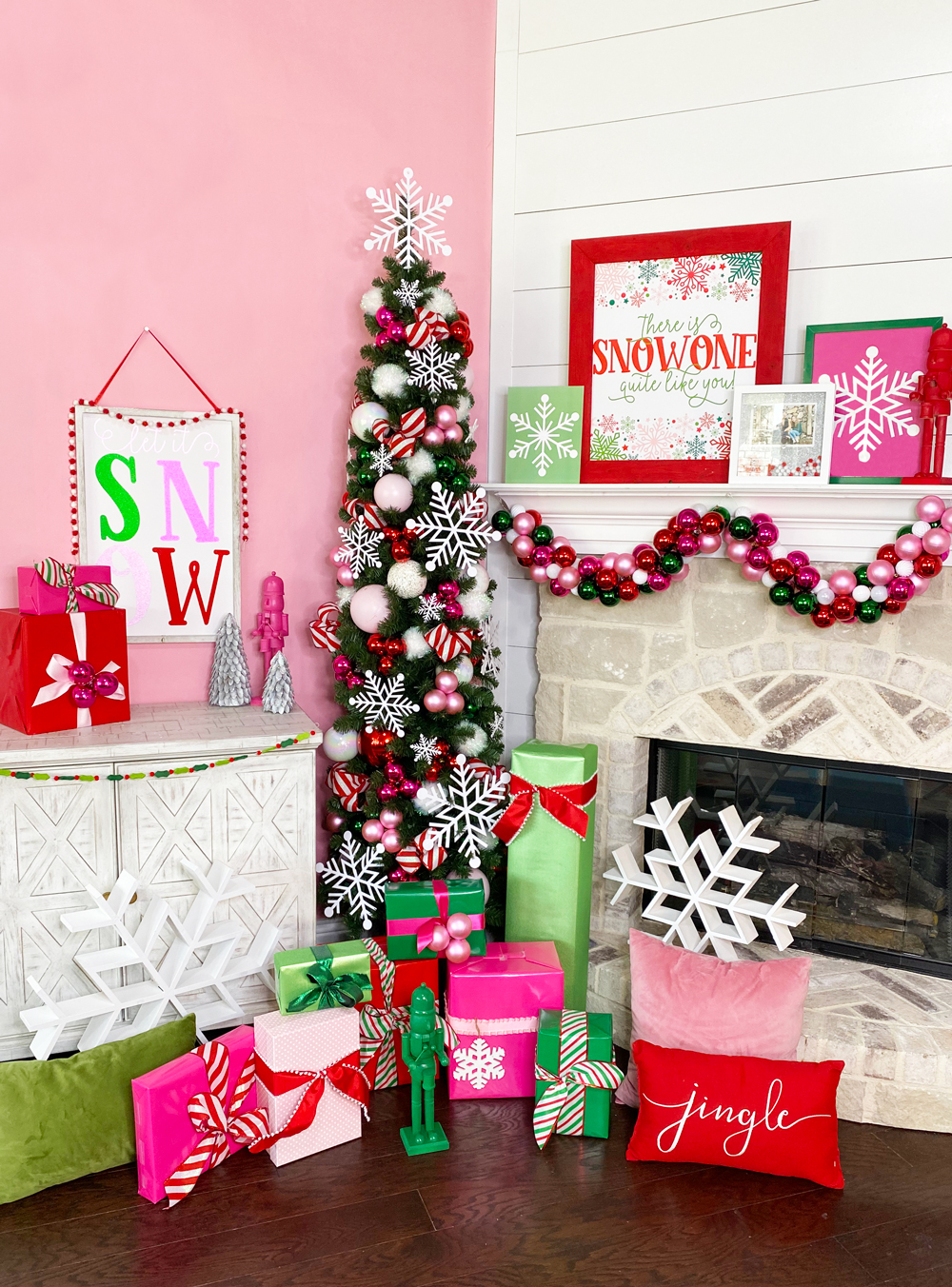 Whimsical Snowflake Pink Christmas Tree by Lindi Haws of Love The Day